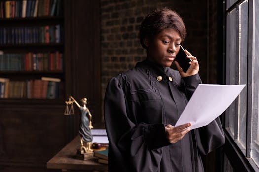 African American judge in robe, reading document and talking on phone by the office window.